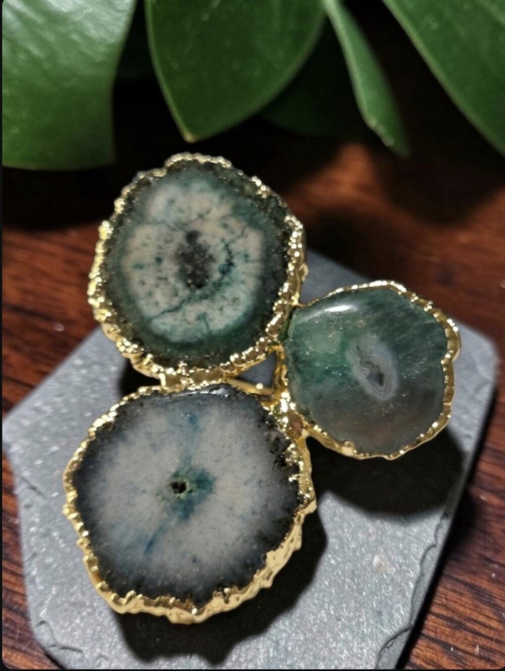 Massive 18k Gold Plated Chunky Genuine Emerald Solar Agate Statement Ring
